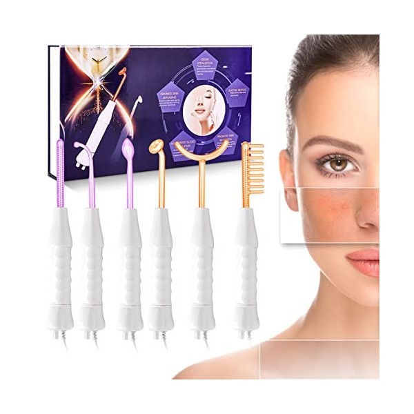 Appareil Haute Fréquence 6 Pcs, TwoWin Baguette Haute Frequence Esthetique De Thérapie avec 3 Violet Argon, 3 Néon Rouge Wand