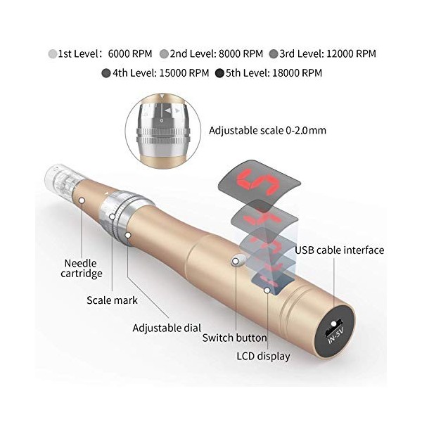 Beautlinks électrique Microneedling Dermapen 0 à 2,5 mm 5 vitesses 2 LED Photothérapie avec 24Pcs Remplacement Cartouches, St