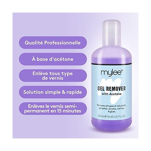 Dissolvant à LAcétone pour Ongles Mylee 250 ml - Nettoyant professionnel de vernis et gel UV LED - Manucure et pédicure