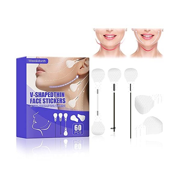 Face Lift Tape, 60 Pièces Lifting Visage Autocollant, Invisible de Levage de Visage en Forme de V, Lifting Cou et Yeux Menton