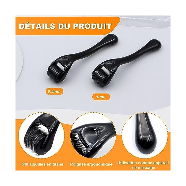 ZYNERY Derma Roller - 1mm + 1,5mm Dermaroller Cheveux - 540 aiguilles en titane - Dermaroller Barbe pour Croissance des Che