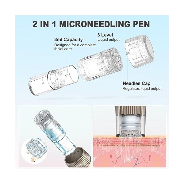 Dr.pen Microneedling Dermapen Hydra Pen H3 sans fil 2 en 1 avec 6 aiguilles de rechange 12 broches, 6 niveaux de vitesse 0-1,