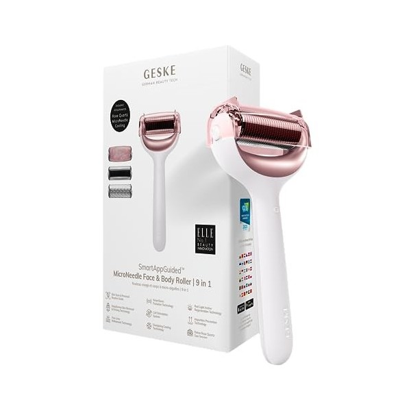 GESKE | SmartAppGuided™ MicroNeedle Face & Body Roller | 9 in 1 | Quartz rose | Dermaroller électrique | Microneedling | Appa