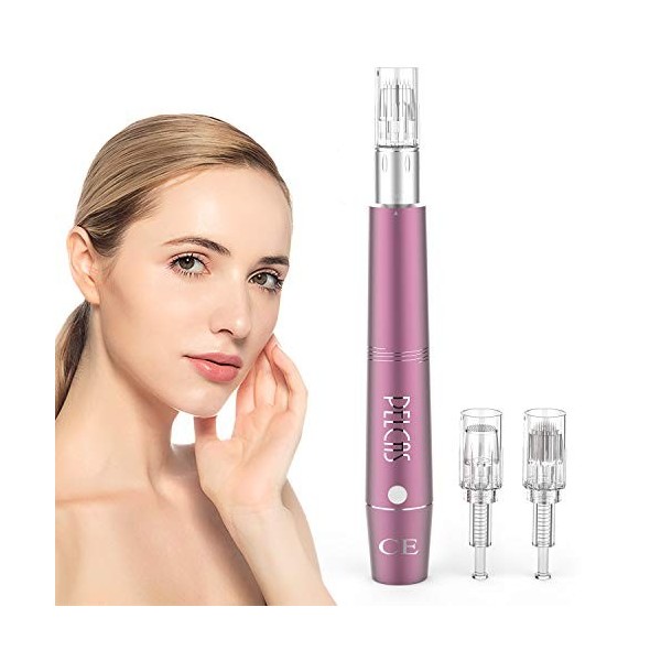 PELCAS Dermapen Électrique, Micro Aiguille Stylo Microneedling Rechargeable 0-2 mm Réglable 5 Vitesses Derma Pen avec 24 Aigu