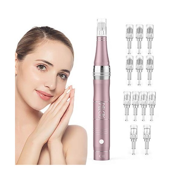 PELCAS Dermapen Électrique, Micro Aiguille Stylo Microneedling Rechargeable 0-2 mm Réglable 5 Vitesses Derma Pen avec 24 Aigu