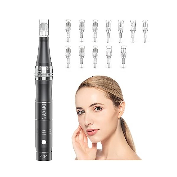 PELCAS Dermapen Électrique, Micro Aiguille Stylo Microneedling Rechargeable 0-2 mm Réglable 5 Vitesses Derma Pen avec 24 Aigu