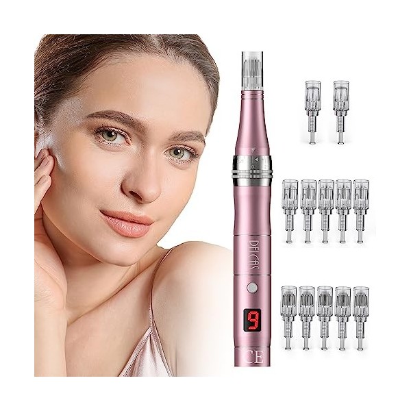 PELCAS Dermapen 9 Vitesses, Derma Pen Stylo avec Écran LCD et 12 Cartouches, Microneedling Pen Réglable de 0 à 2.5mm pour Acn