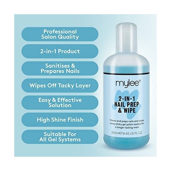 Kit de Préparation Manucure pour Ongles Mylee Prep & Wipe 250ml + 100 Lingettes Imbibées, Sans Peluches Pour Manucure À Lampe