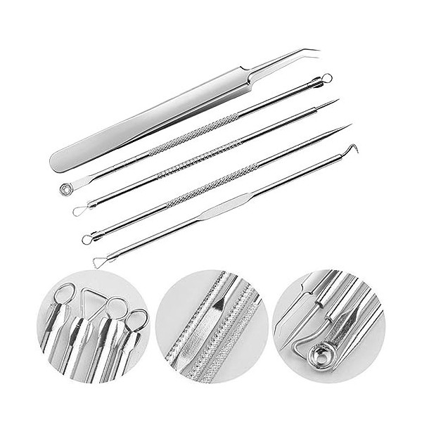 USTNIR 5 Pièces Blackhead Remover Outil,Pimple Extractor Acne aiguille Blackhead Remover Set,d’extracteur de point-noir,Acier