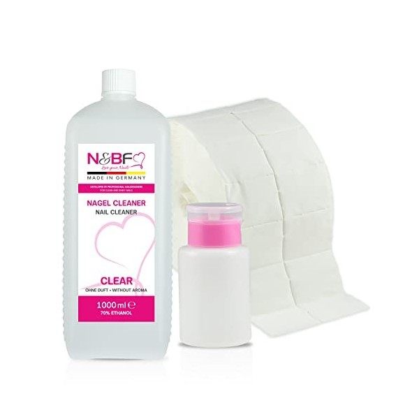 N&BF All for one Nail Cleaner 1000 ml + distributeur bouteille de pompe rose + 1000 tampons de cellulose 2 rouleaux de 500