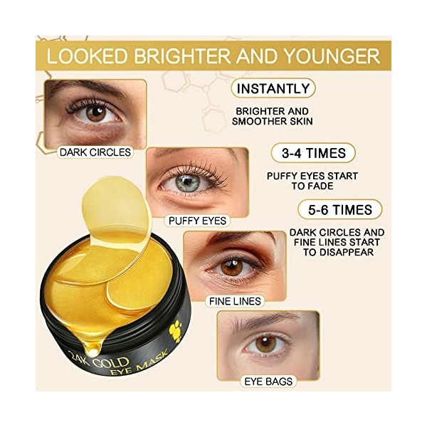 60 Pcs Patch Yeux, Masque pour les Yeux 24k, Masque Yeux Collagène, Acide Hyaluronique Hydratant Anti-Rides Anti-Âge Anti Cer