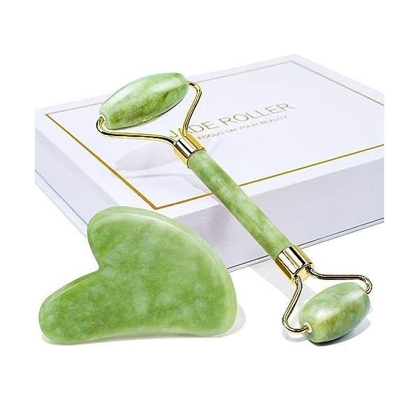 Gua Sha Et Rouleau De Jade Outil, BAIMEI Kits de Massage du Visage Et du Cou, Gua Sha Apaise, Calme Et Détend La Peau, Élimin