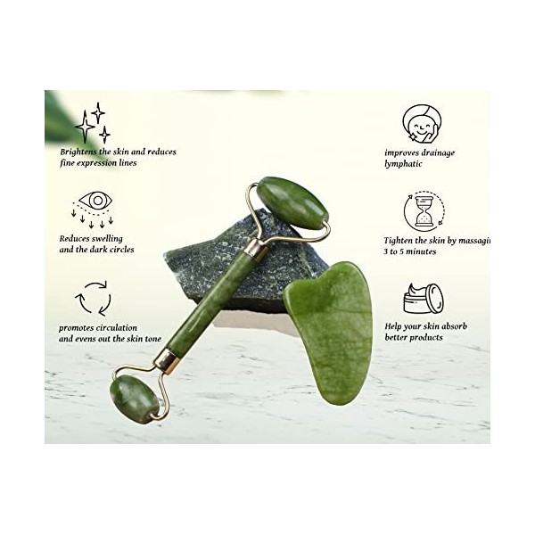 Jade Roller et Gua Sha 100%, Masseur visage et cou, Savon naturel Aloe Vera, Gua Sha, Apaise et détend la peau, Anti-rides po