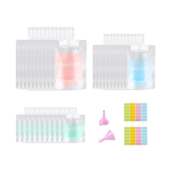 Twutgayw Lot de 30 pochettes vides rechargeables 3 tailles 30/50/100 ml pour articles de toilette