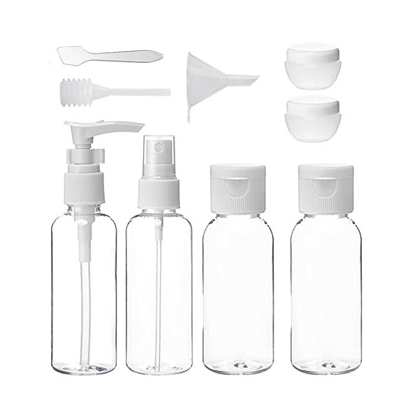 Lot de 9 bouteilles de voyage pour articles de toilette vides en plastique transparent, anti-fuite, rechargeables, conteneurs