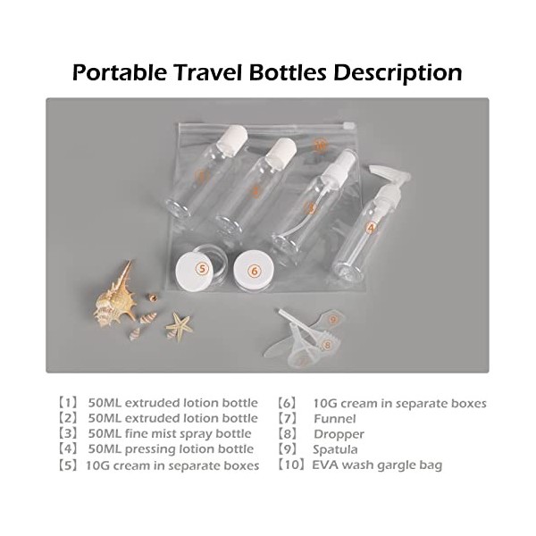 Lot de 9 bouteilles de voyage pour articles de toilette vides en plastique transparent, anti-fuite, rechargeables, conteneurs