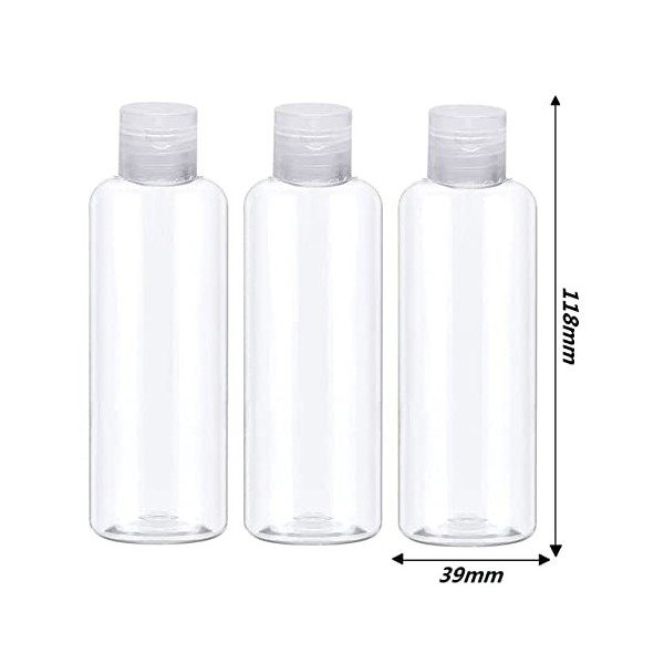 KOMUNJ Lot de 8 bouteilles de voyage en plastique transparent de 100 ml - Avec 2 petits entonnoirs - Mini bouteilles dair de