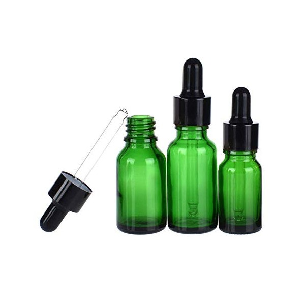 VASANA Lot de 6 flacons ronds en verre vert avec compte-gouttes pour huiles essentielles, parfum, aromathérapie, etc.