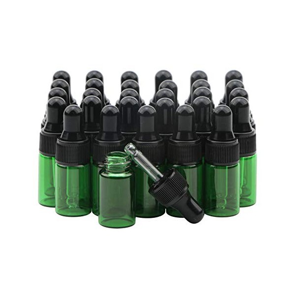 Rowiz Lot de 30 flacons rechargeables en verre vert de 3 ml pour huiles essentielles, parfums, cosmétiques, échantillons avec