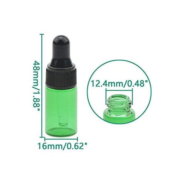 Rowiz Lot de 30 flacons rechargeables en verre vert de 3 ml pour huiles essentielles, parfums, cosmétiques, échantillons avec