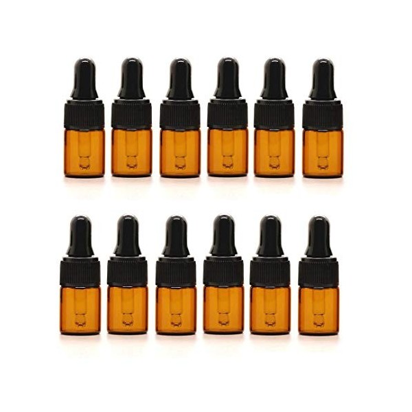 VASANA Lot de 12 flacons vides de 2 ml en verre ambré pour huiles essentielles, flacons avec bouchon en caoutchouc noir pour 