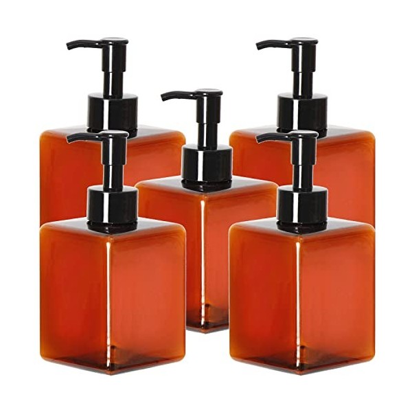 Youngever Lot de 5 flacons à pompe carrés en plastique ambré rechargeables pour distribuer des lotions, shampooings 360 ml 