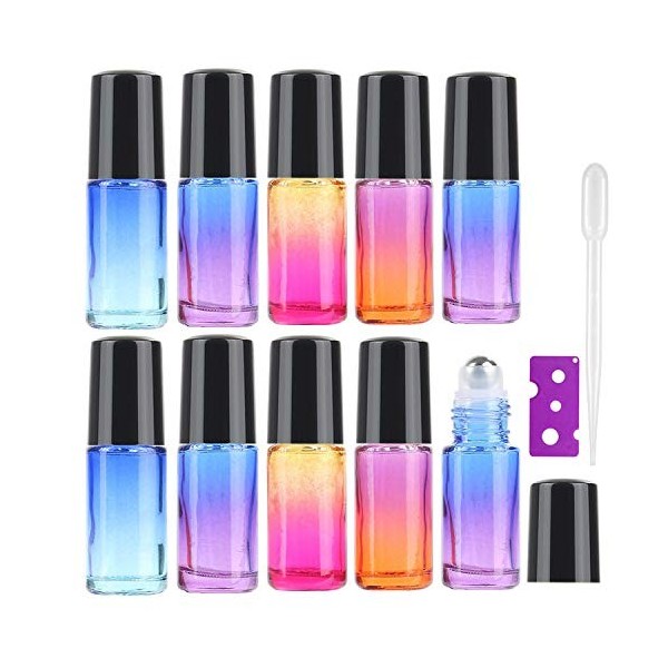 JamHooDirect Lot de 10 flacons roll-on pour huiles essentielles 5 ml – Bouteilles rechargeables en verre arc-en-ciel avec bil