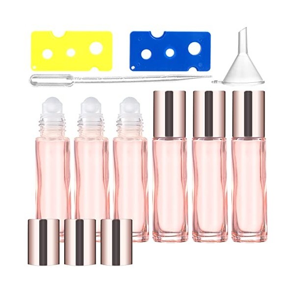 Hriymtd 6pcs Bouteilles de 10 ml dhuiles Essentielles Flacons Roll On Rechargeables en Verre Bouteilles à Rouleaux Huile Ess