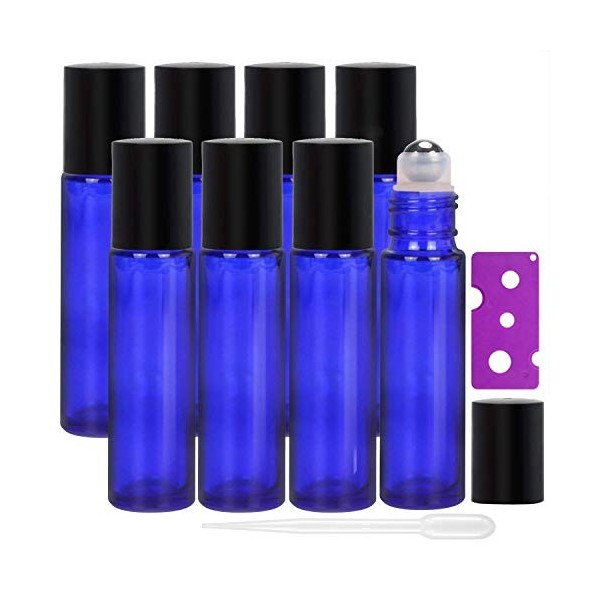 AlleDomain Lot de 8 Bouteilles de 10 ml dhuiles Essentielles Rechargeables en Verre Bleu Avec Billes en Acier Inoxydable