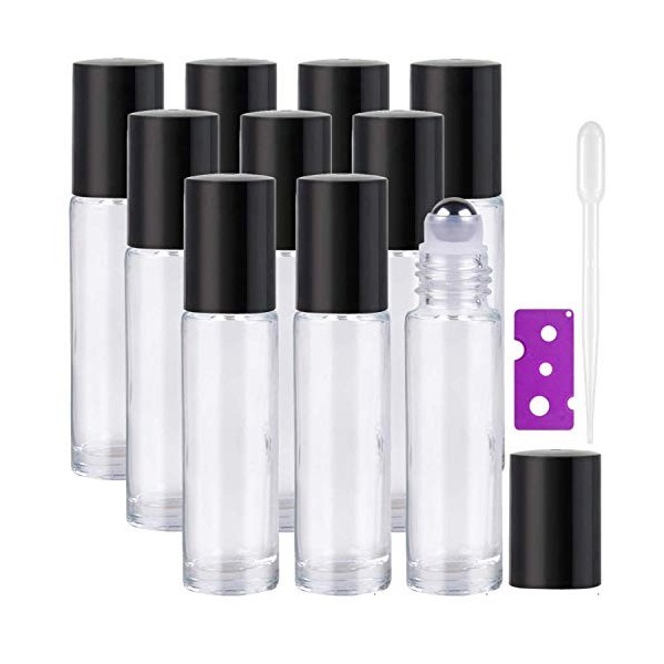 Yalbdopo Lot de 10 flacons à bille rechargeables en verre transparent de 10 ml avec couvercles noirs, 12 étiquettes, compte-g