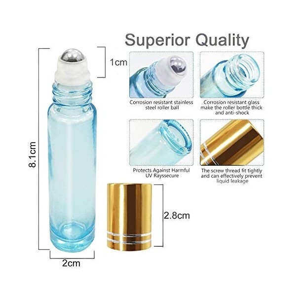 Yalbdopo 6pcs, bouteilles dhuile essentielle de 10 ml - Rouleau de verre rechargeable avec bouteilles en acier inoxydable