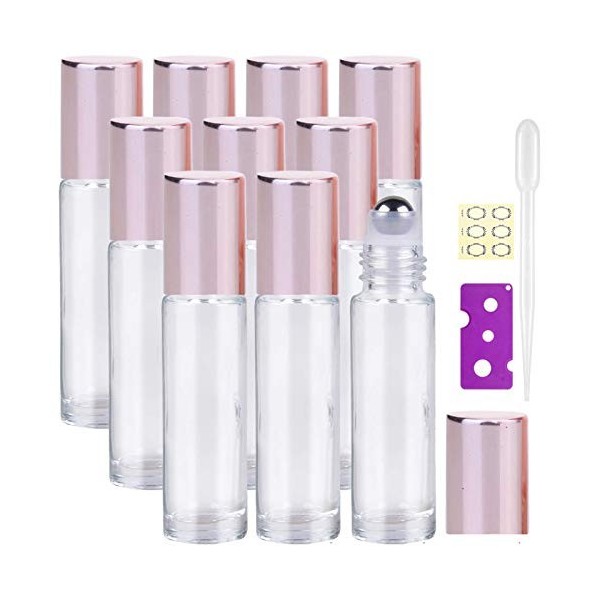 Alledomain Lot de 10 flacons à bille rechargeables en verre transparent avec boules en acier inoxydable et bouchon or rose, 1