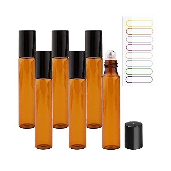 SwirlColor Bouteilles Dhuile Essentielle en Verre Brun 10ml, 6 Pièces Flacon à Rouleaux Dhuile Essentielle avec des Billes 