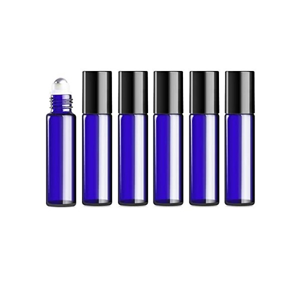 Lot de 6 flacons à bille en verre bleu cobalt de 10 ml avec bille en acier inoxydable pour huiles essentielles, anti-fuite, 9