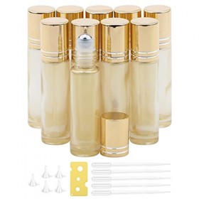 Rowiz Lot de 10 bouteilles dhuiles essentielles, 10 ml de bouteilles de rollerball en verre vides, rechargeables avec boucho