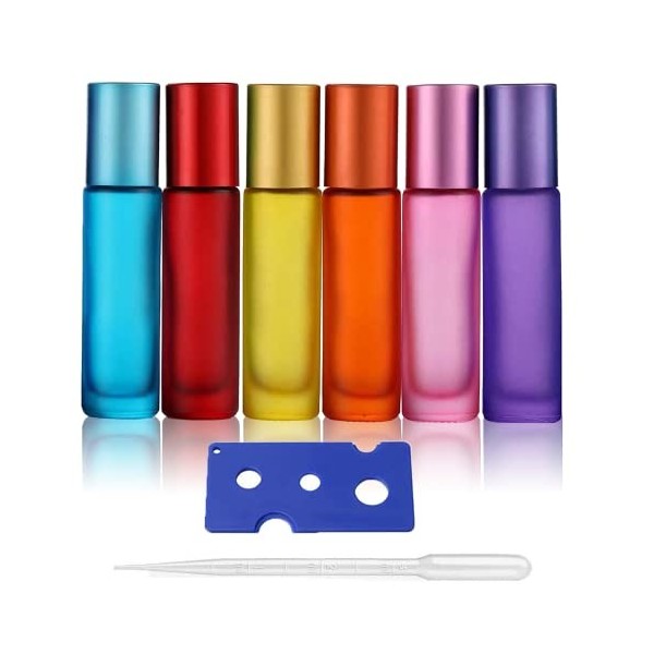 Avatrolla Lot de 6 flacons à bille colorés pour huiles essentielles, 10 ml, en verre avec boules en acier inoxydable, parfait