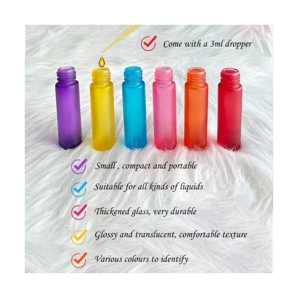 Avatrolla Lot de 6 flacons à bille colorés pour huiles essentielles, 10 ml, en verre avec boules en acier inoxydable, parfait