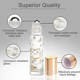 Alledomain Lot de 10 flacons à bille pour huiles essentielles en verre transparent avec motif chat porte-bonheur et rouleaux 