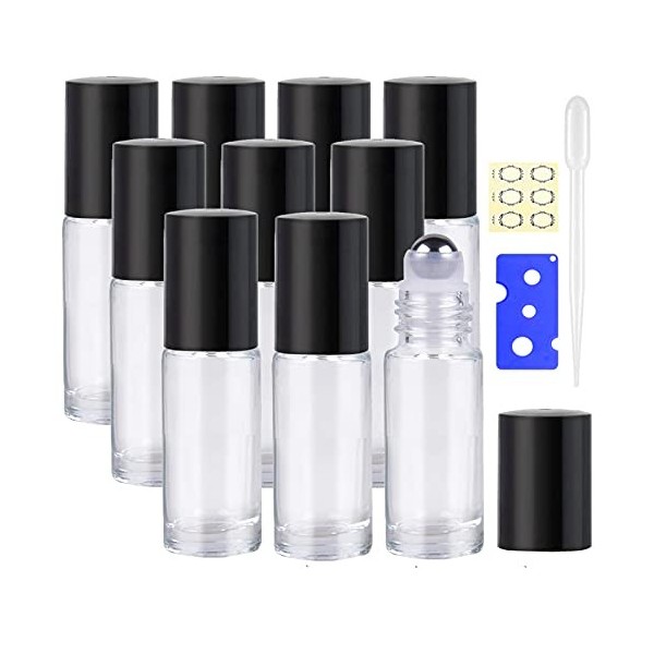 Yalbdopo Lot de 10 flacons roller pour huiles essentielles de 5 ml, Couvercles en plastique noir Transparent - 1 Clear rol