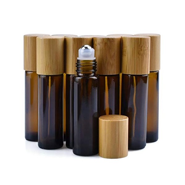 Lot de 10 flacons à bille en verre marron de 10 ml avec couvercle en bambou naturel - Pour aromathérapie, voyage