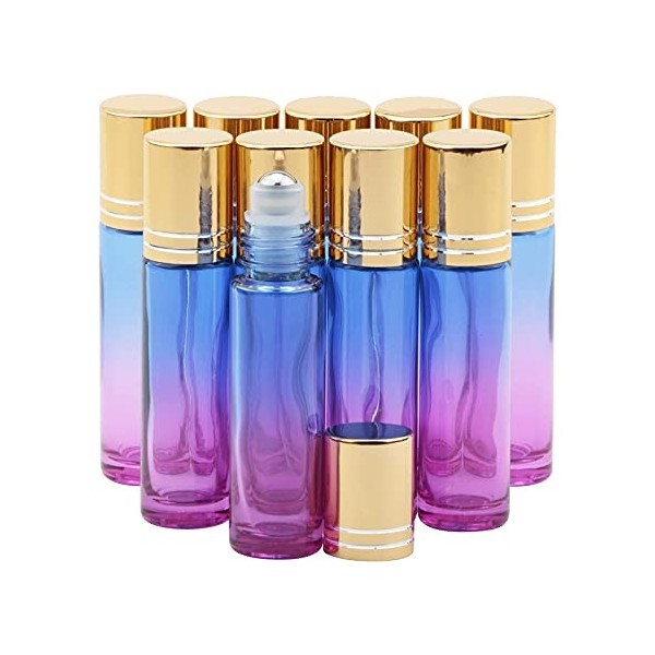 Rowiz Lot de 10 flacons à bille pour huiles essentielles, 10 ml, rechargeables vides en verre avec bouchon doré, parfaits pou