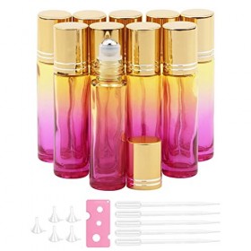 Rowiz Lot de 10 flacons à bille pour huiles essentielles, 10 ml, rechargeables vides en verre avec bouchon doré, parfaits pou