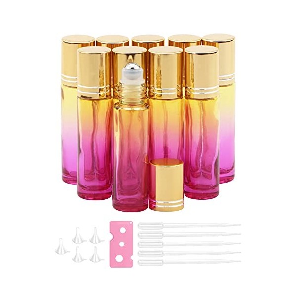 Rowiz Lot de 10 flacons à bille pour huiles essentielles, 10 ml, rechargeables vides en verre avec bouchon doré, parfaits pou