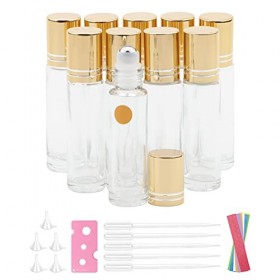 Rowiz Lot de 10 flacons en verre transparent nacré de 10 ml anti-fuite pour huiles essentielles avec boules en acier inoxydab
