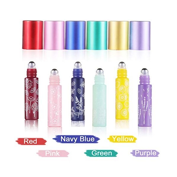 Alledomain Lot de 6 flacons à bille rechargeables vides en verre dépoli coloré de 10 ml avec billes en acier inoxydable - Com