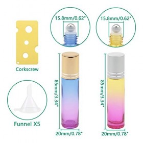 Rowiz Lot de 10 flacons en verre de 10 ml avec dégradé de couleurs et bouchons à vis dorés ou argentés pour huiles essentiell