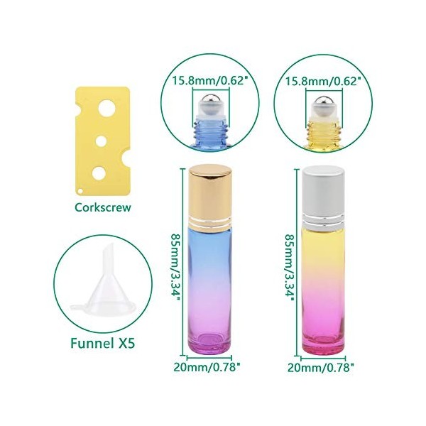 Rowiz Lot de 10 flacons en verre de 10 ml avec dégradé de couleurs et bouchons à vis dorés ou argentés pour huiles essentiell