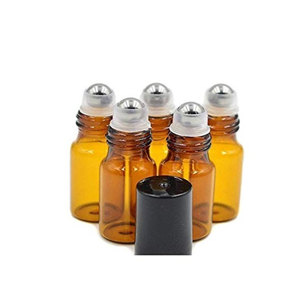 Lot de 24 flacons Roller en Verre ambré de 3 ML avec Bille en Acier Inoxydable et Couvercle Noir pour huiles essentielles mél