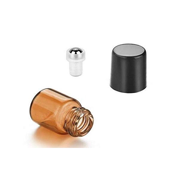 Lot de 24 flacons Roller en Verre ambré de 3 ML avec Bille en Acier Inoxydable et Couvercle Noir pour huiles essentielles mél