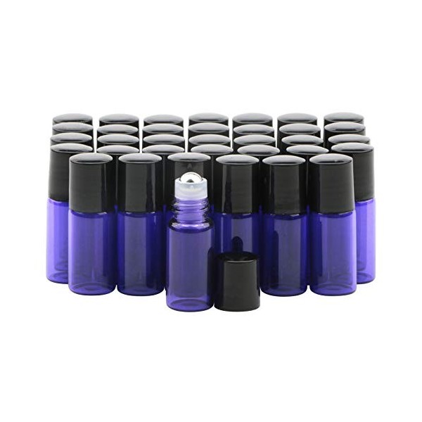 Rowiz 056-57-58-59 Lot de 35 flacons en verre coloré avec bille en acier inoxydable et bouchon à vis Noir 3 ml